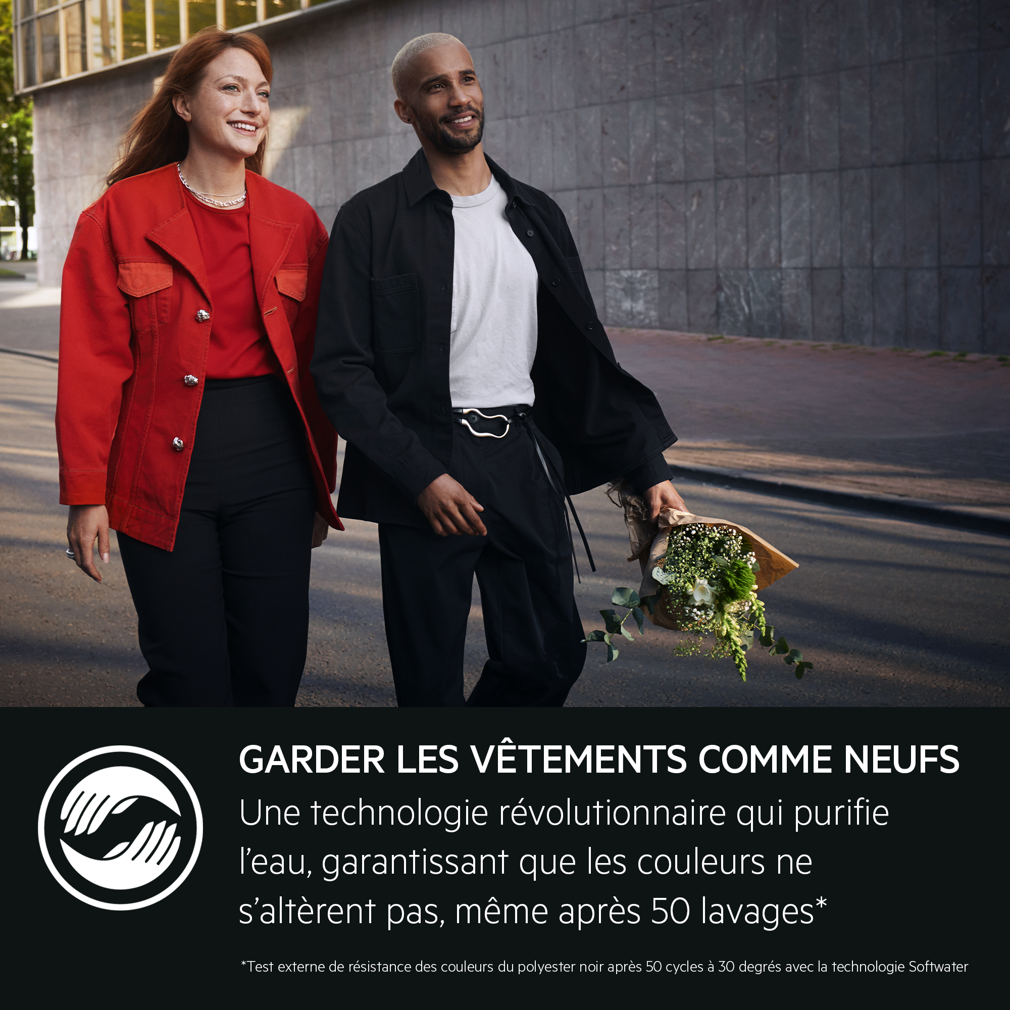 Homme et femme marchant, homme tenant des fleurs, texte en bas sur garder les vêtements neufs.
