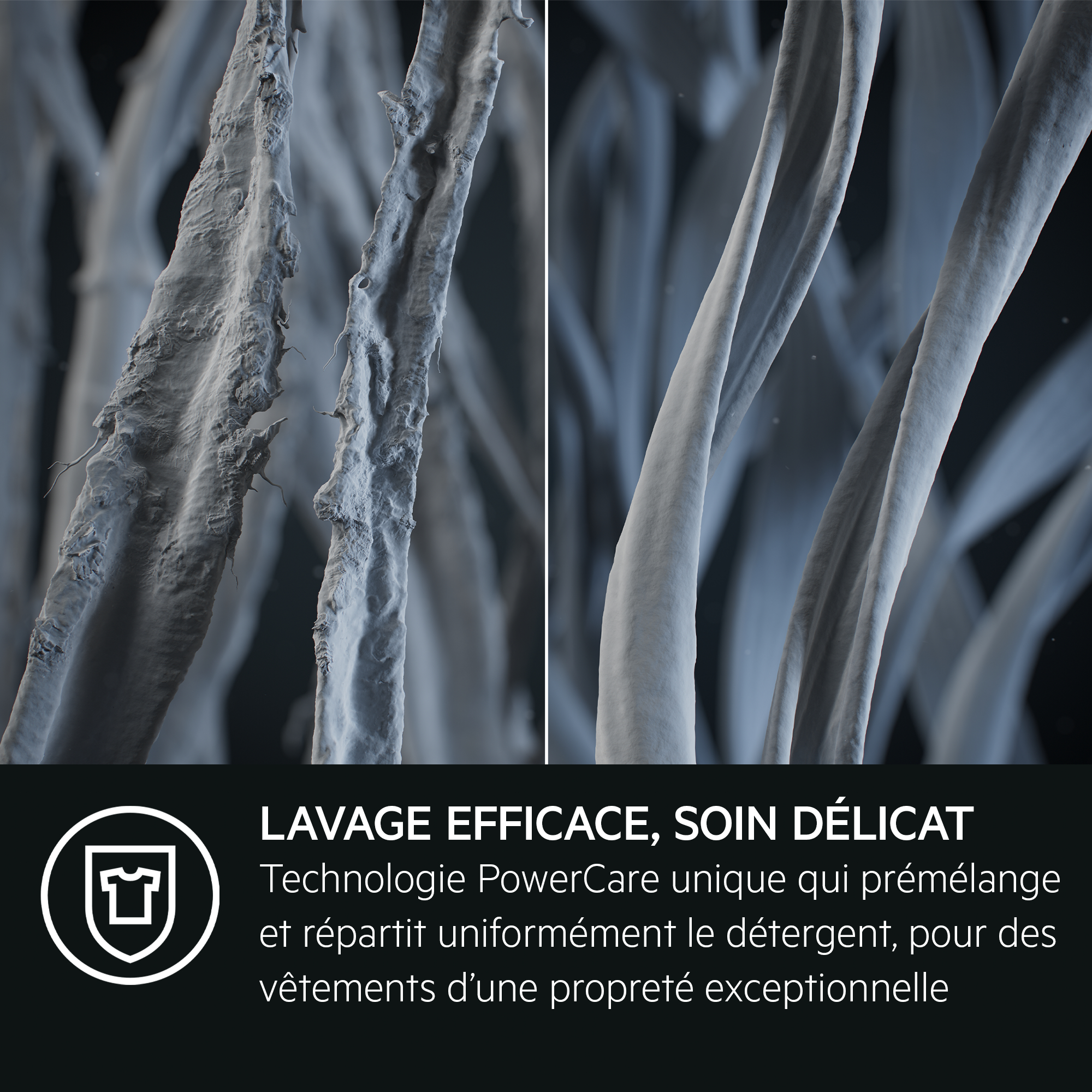 Gros plan sur des fibres de tissu. Gauche endommagées, droite lisses.