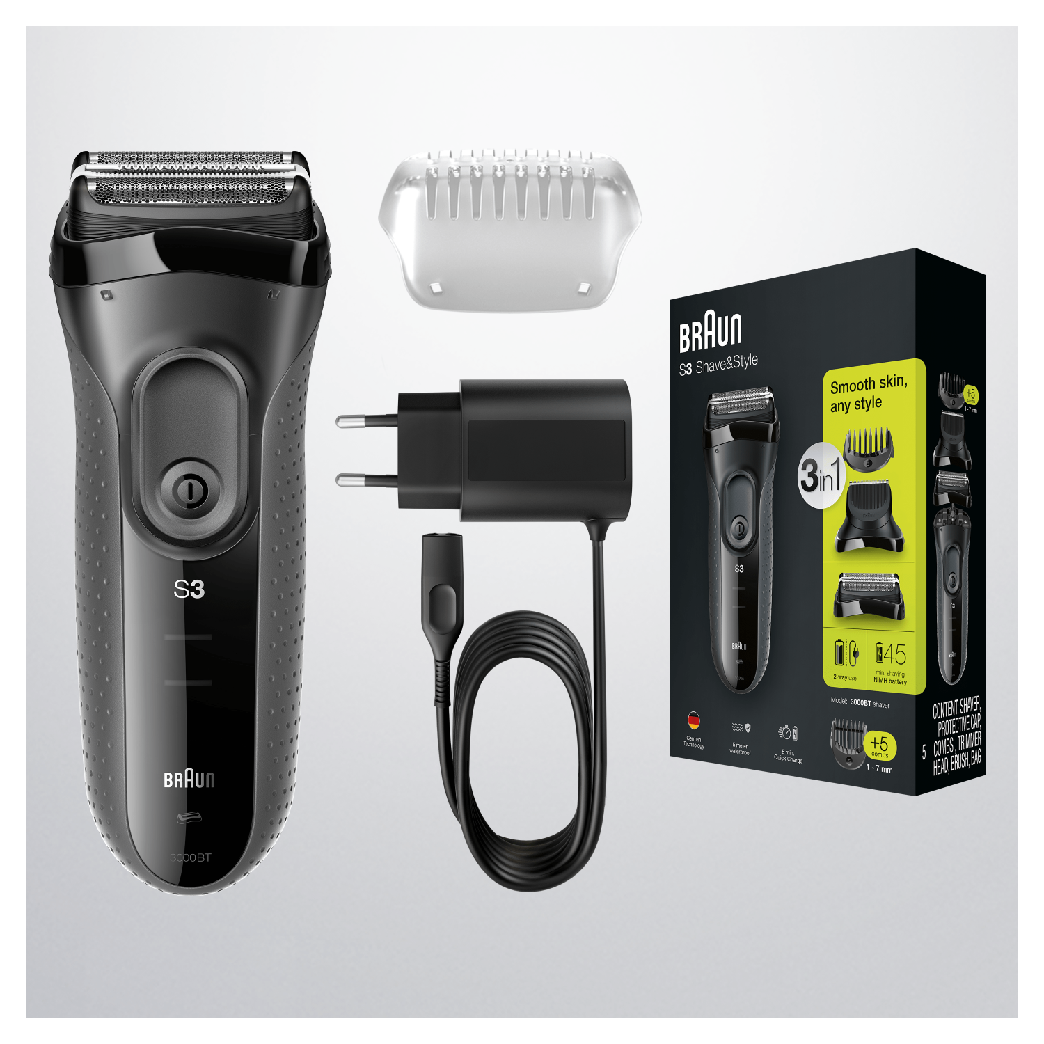 Braun S3 shaver and accessories. The set includes the shaver, charger, trimmer, and cleaning brush.