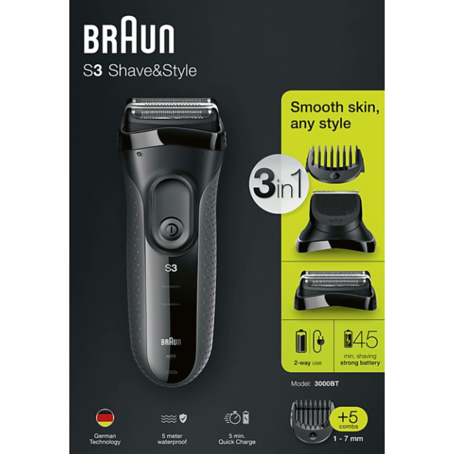 Black Braun shaver with 3-in-1 features and accessories, on a black background.