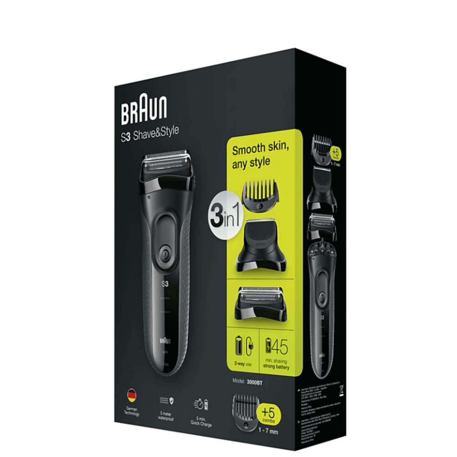 Braun S3 Shave&Style box. The box shows the shaver and different trimming attachments.