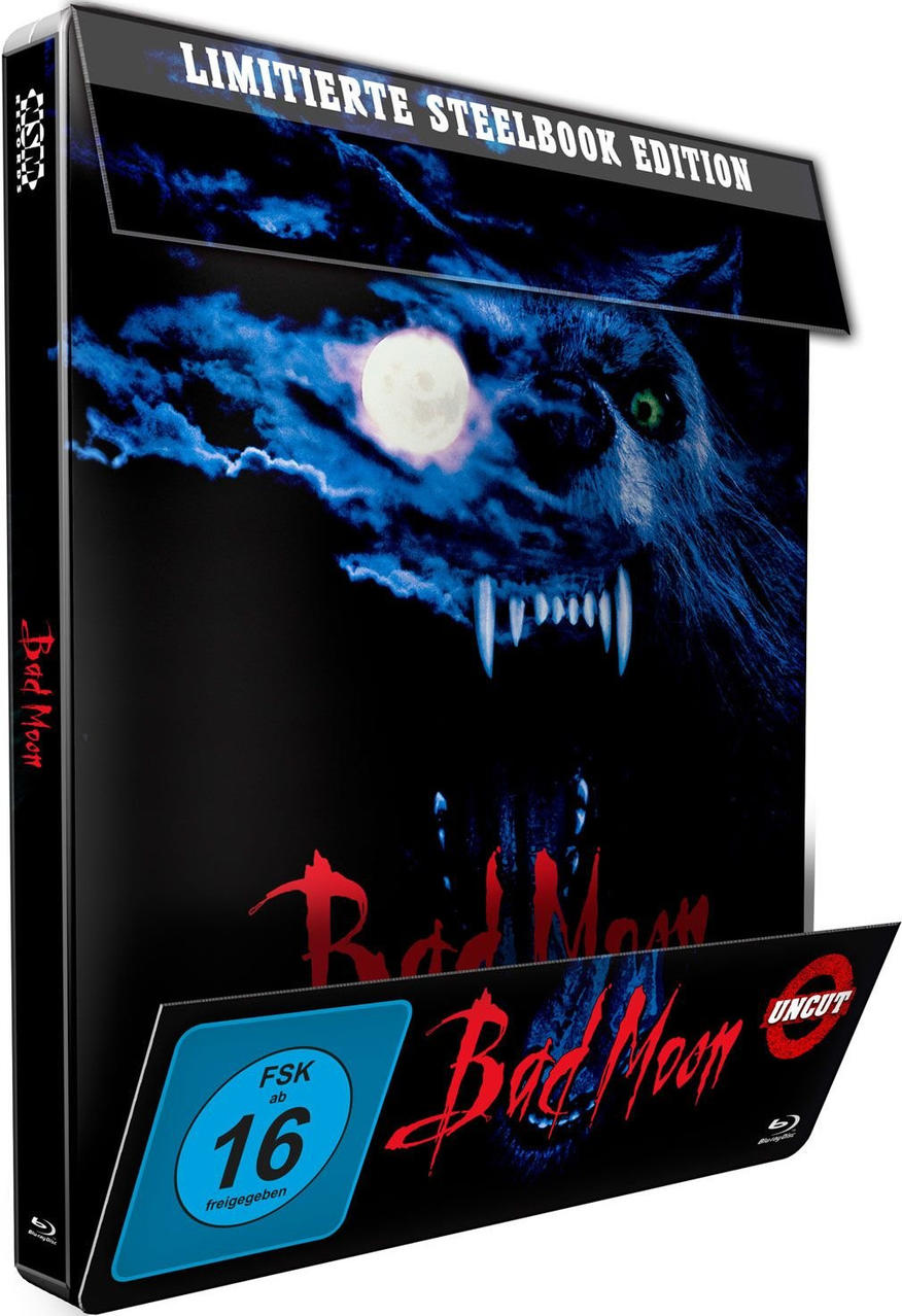 Eine DVD-Hülle mit einem Werwolfbild, dem Titel 'Bad Moon' und einer 'FSK 16'-Bewertung.