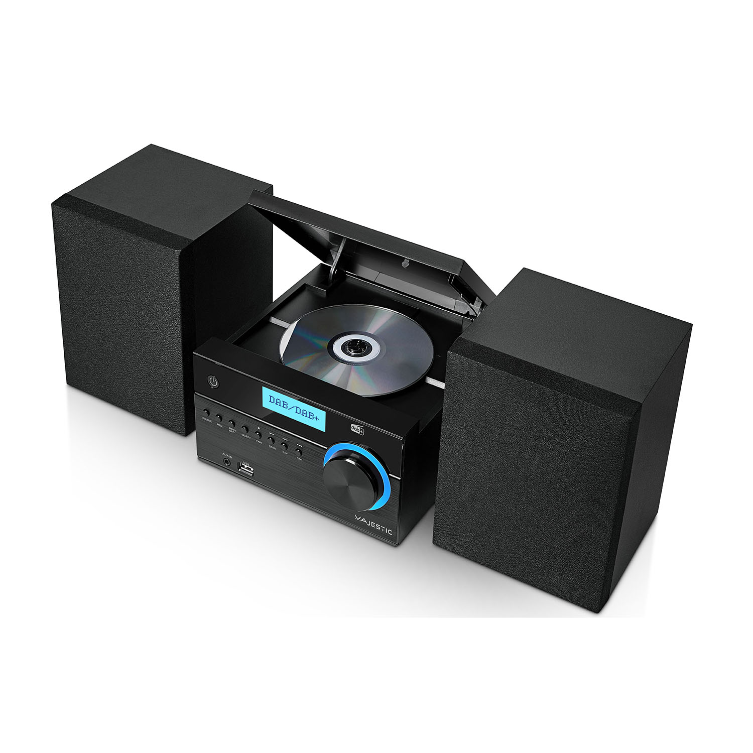 Un impianto stereo nero con un CD. Sfondo bianco.