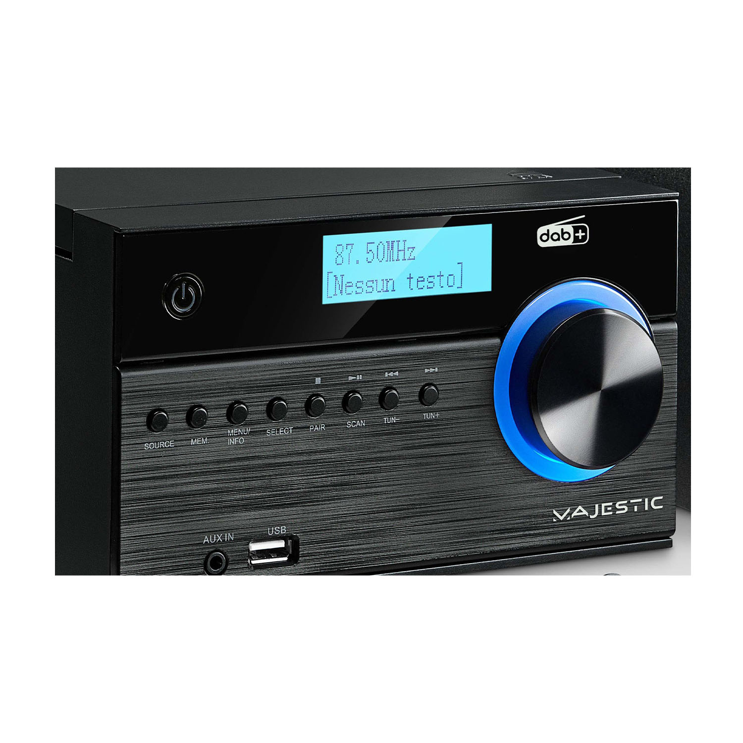 Ricevitore stereo nero con luce blu e pulsanti. Il testo sul display è blu.