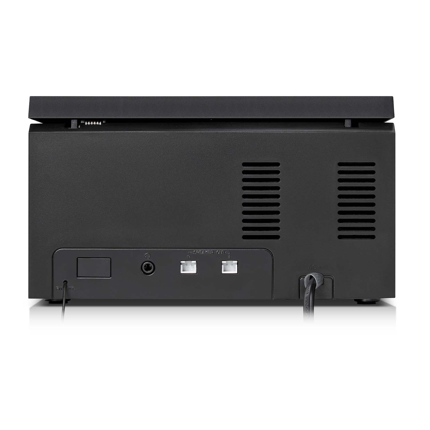 La parte posteriore di un impianto stereo nero con porte di ingresso e uscita e un cavo di alimentazione.