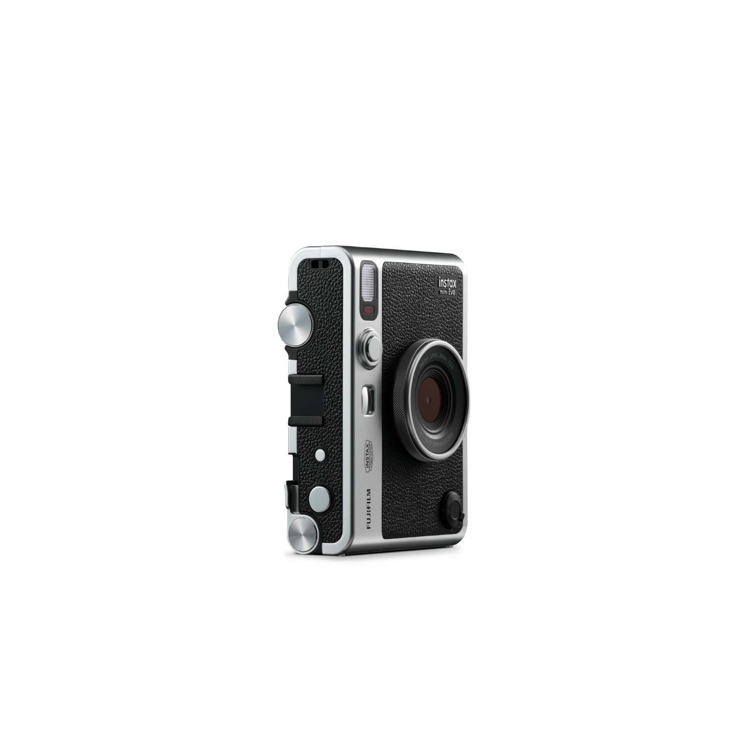 Zwarte en zilveren Instax-camera met lens en knoppen, zijaanzicht.