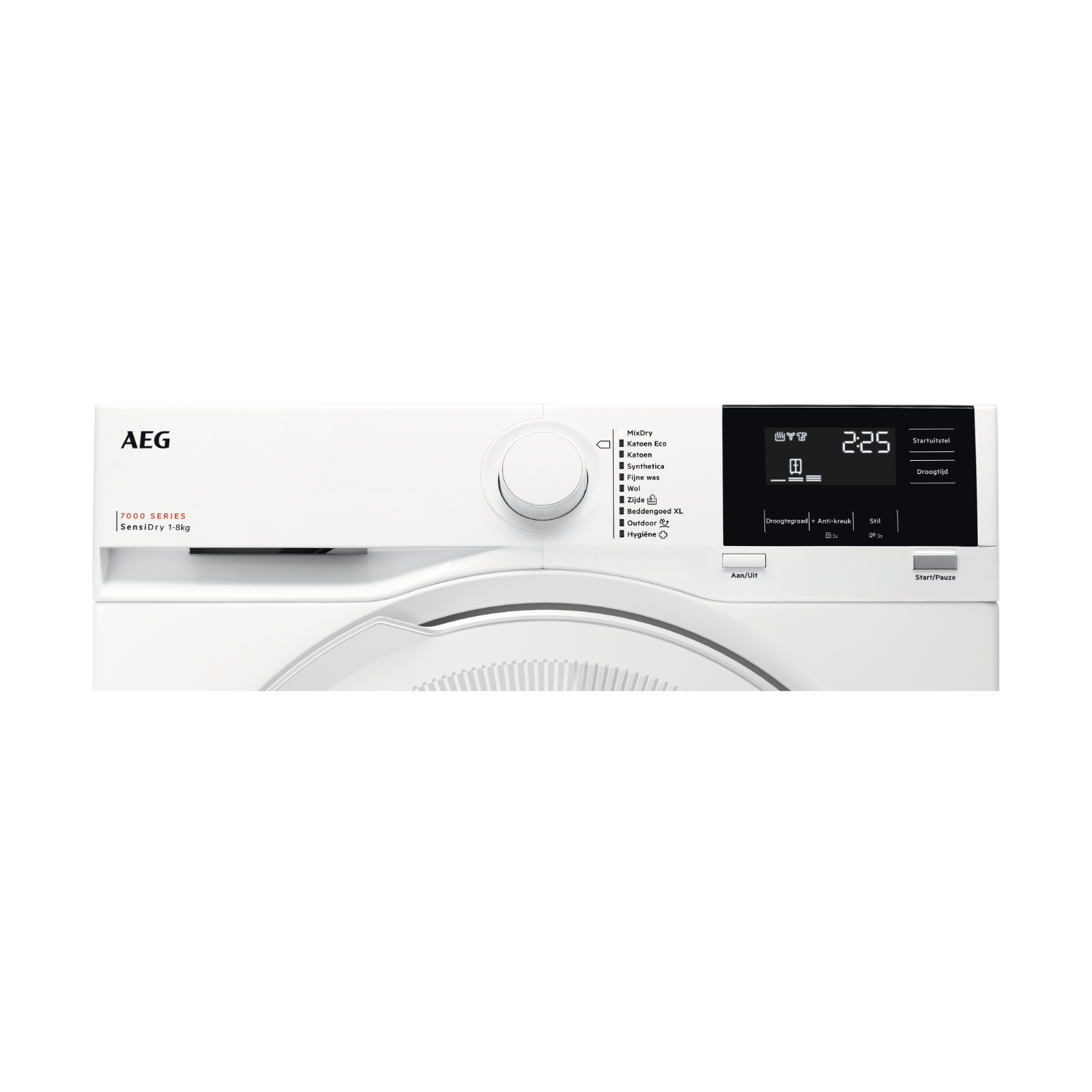 White washing machine control panel with digital display. Shows the time and setting options.