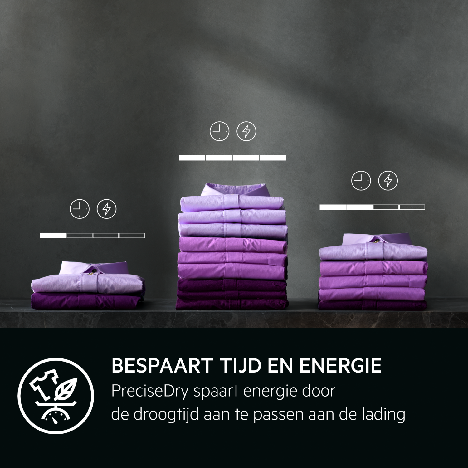 Stacked folded shirts. Text: 'Saves time and energy'. Icons of a shirt and an energy bolt are displayed.