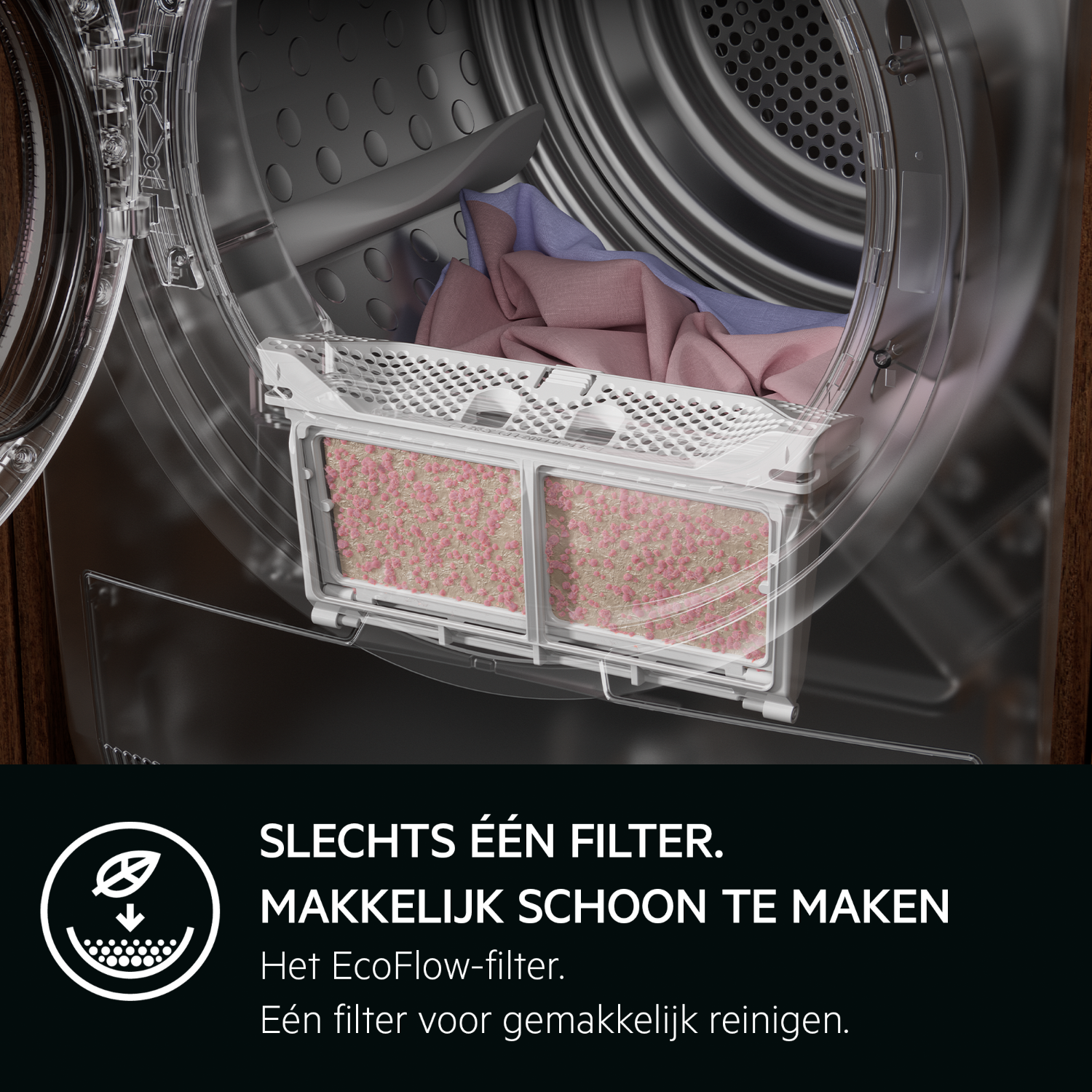 Washing machine filter. White filter with pink debris. Text in Dutch. Clean and easy to make.