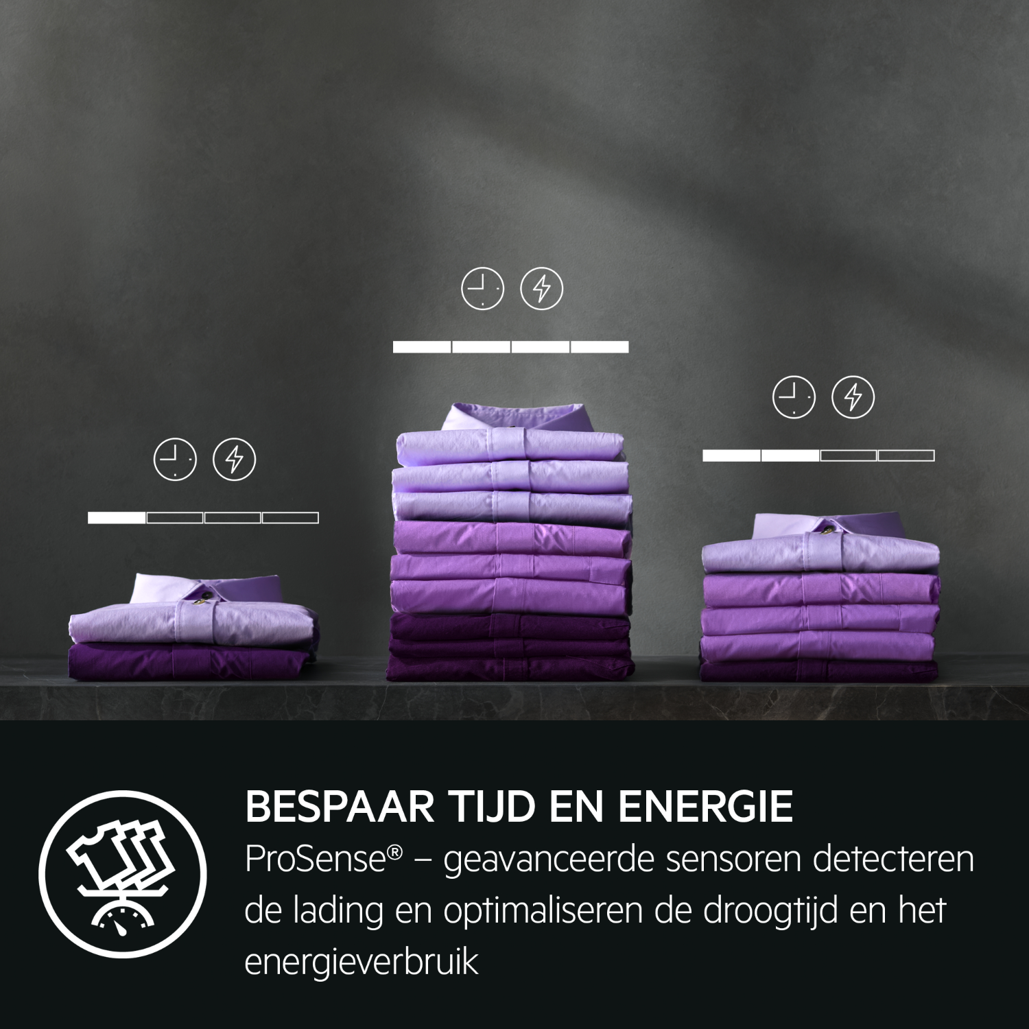 Drie stapels gevouwen shirts, met een grafiek die energie- en tijdbesparing aangeeft met ProSense-sensoren.