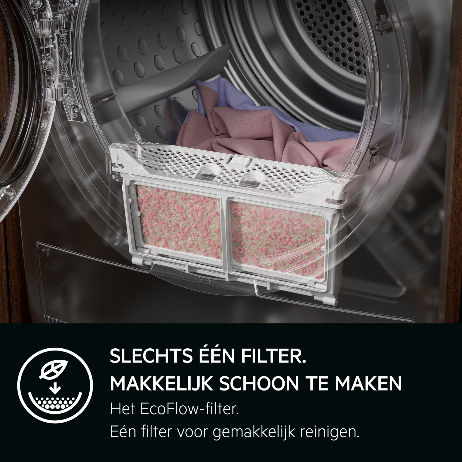 Binnenkant wasmachine met filter. Roze en blauwe stof binnenin. Filter toont verzameld vuil. Tekst: Gemakkelijk schoon te maken, EcoFlow-filter.