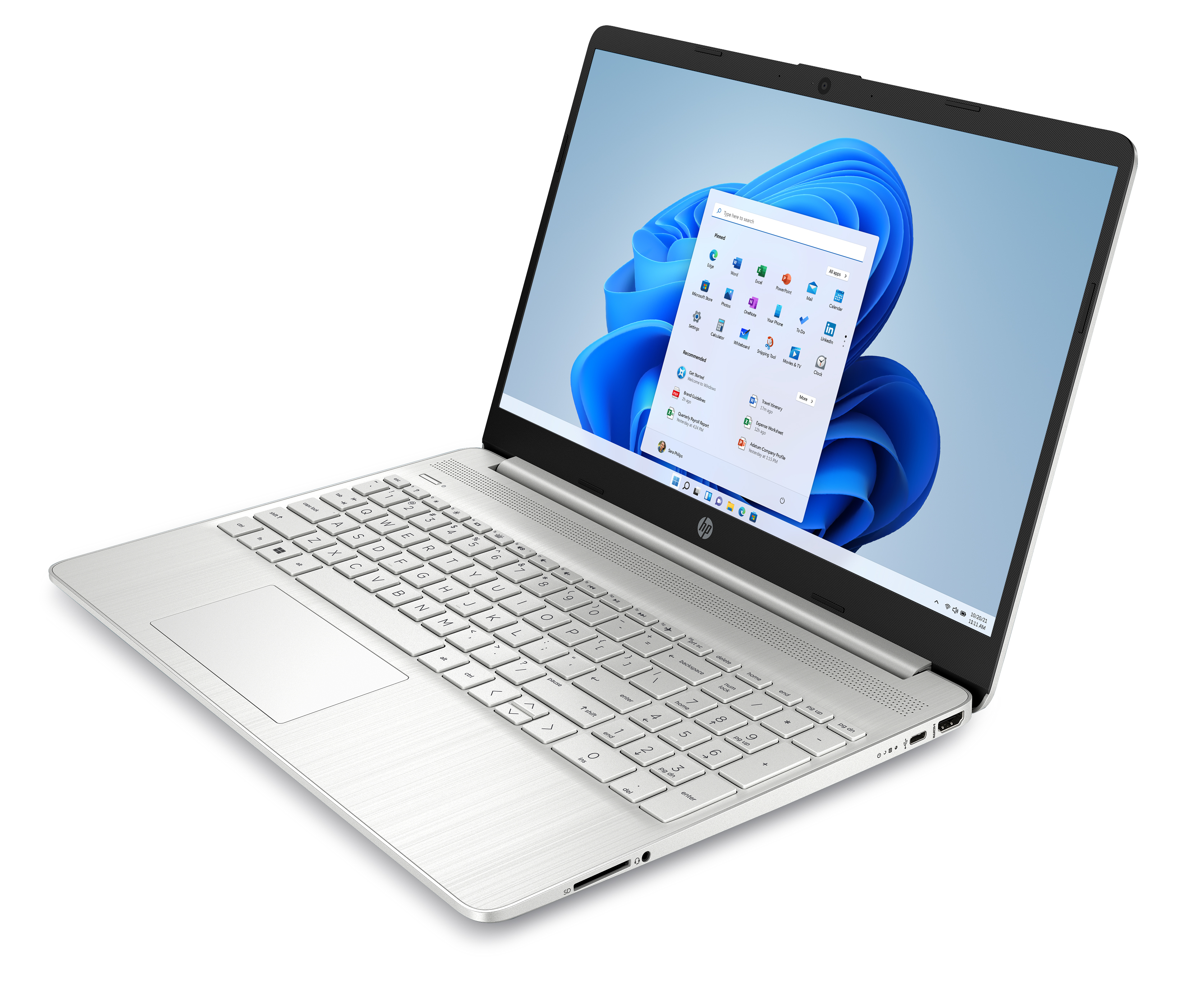 Portátil plateado abierto, mostrando la interfaz de Windows 11. Teclado y panel táctil blancos visibles. Fondo blanco.
