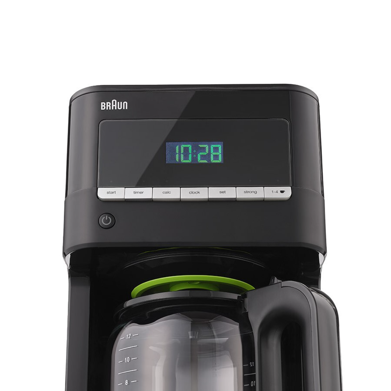 Black Braun coffee maker with digital display showing time. Green accent on the carafe.