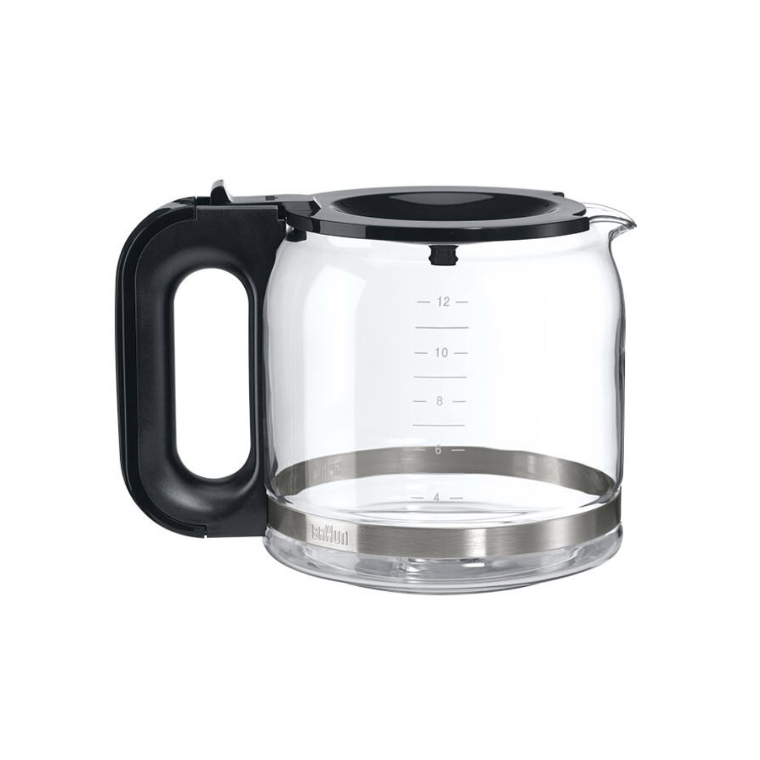Clear glass coffee pot with black handle, black lid, and silver band. Empty, against a white background.