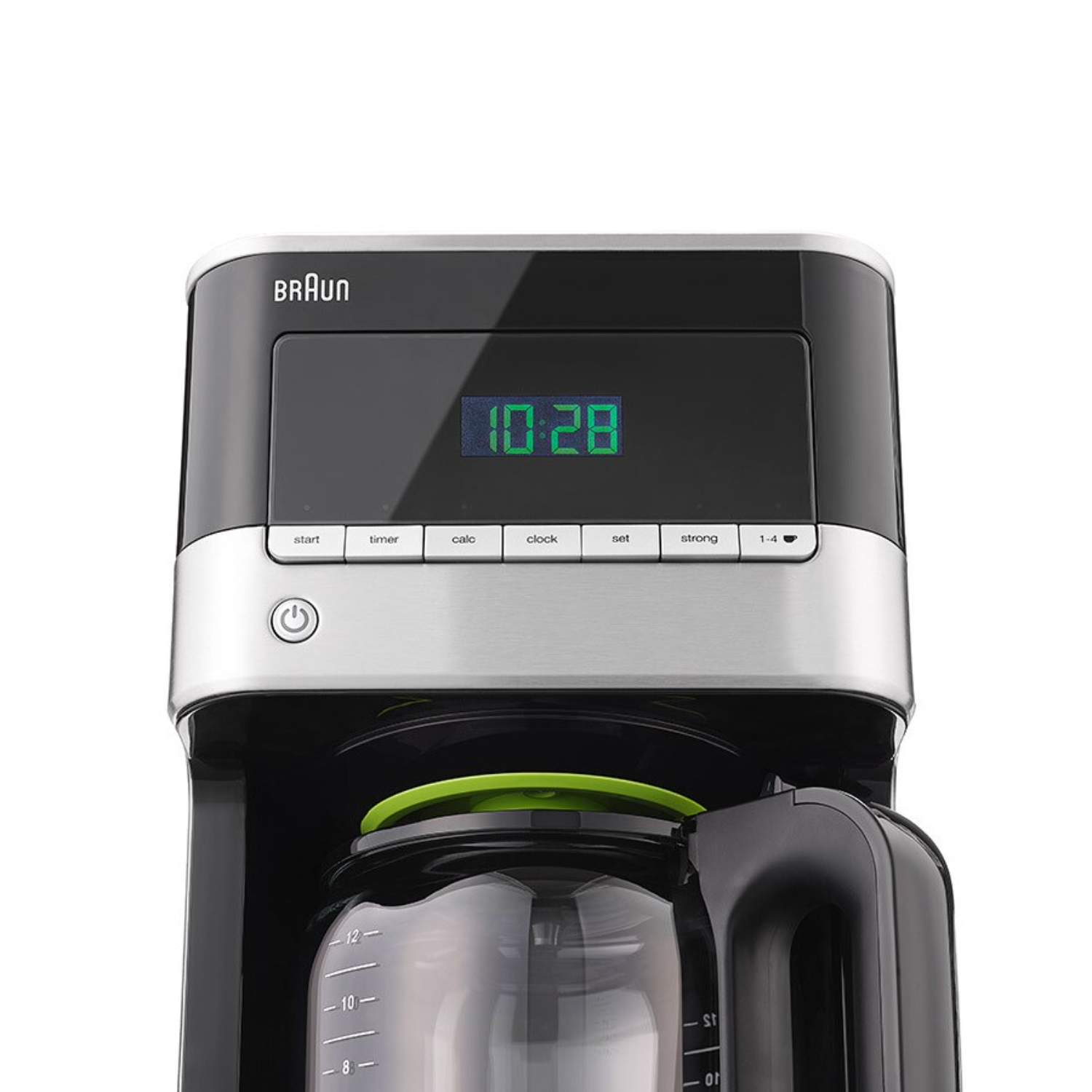 A black and silver Braun coffee machine with a digital display showing 10:28. Buttons below the display.