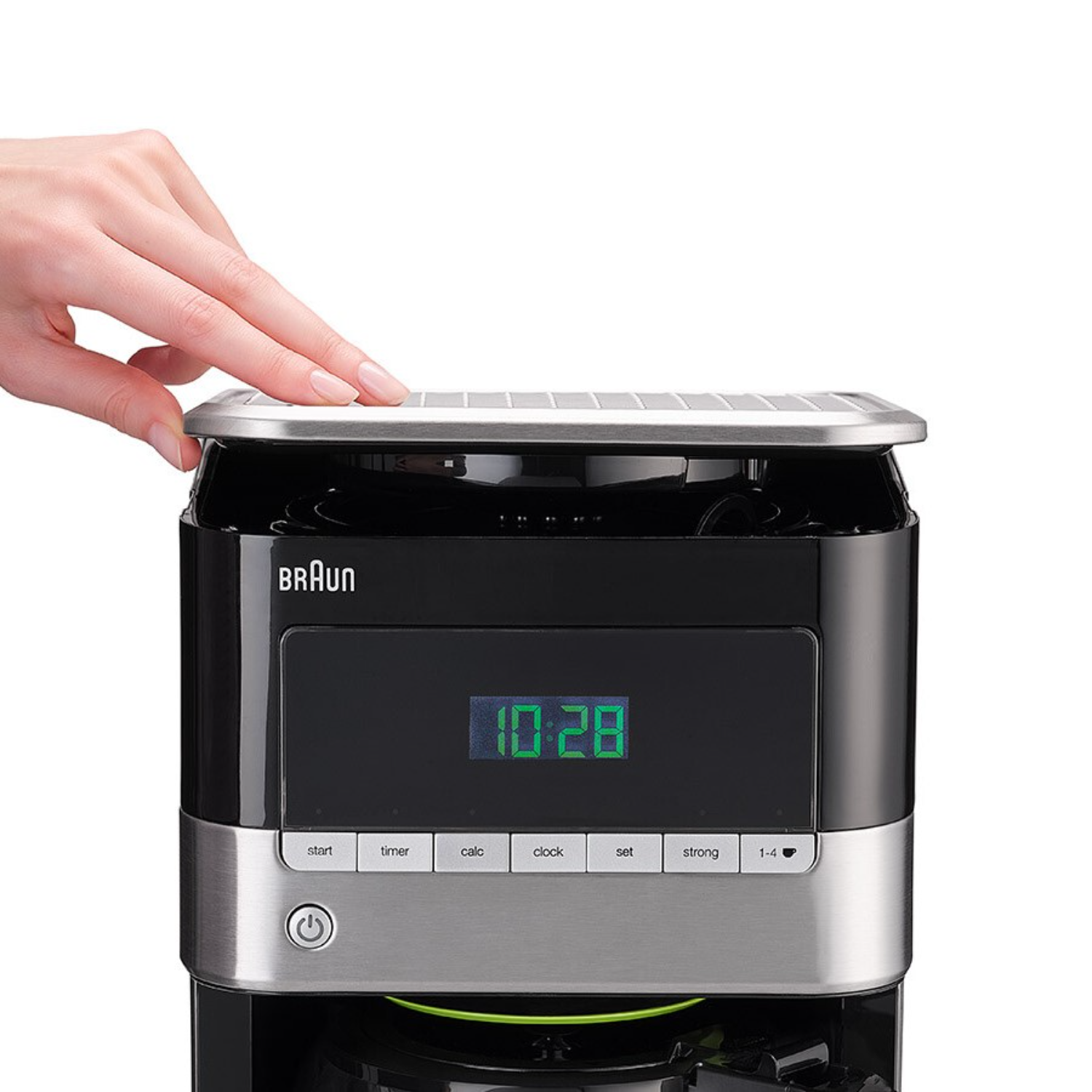 A black Braun coffee maker with a digital display showing the time 10:28.