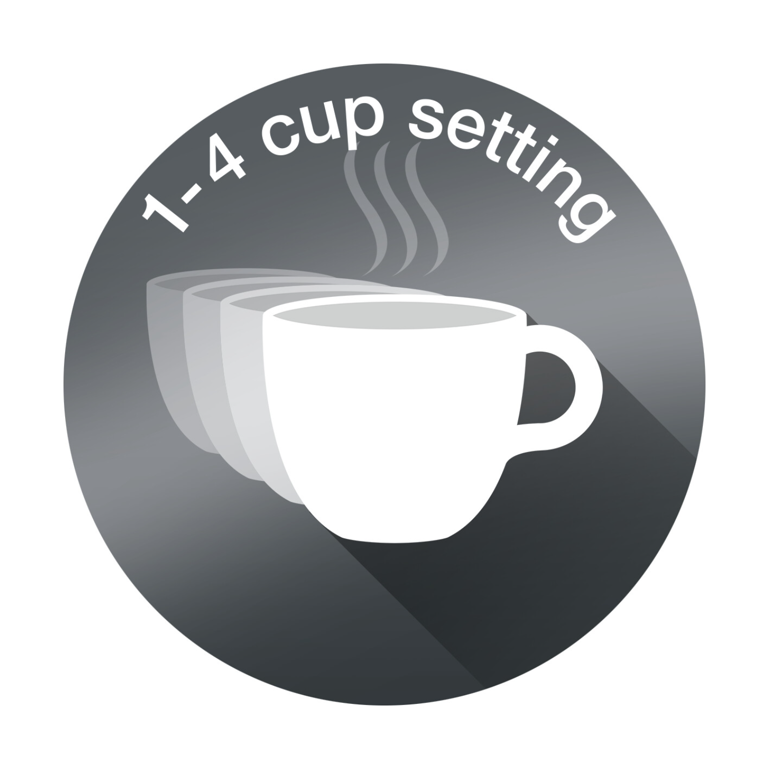 A circular icon showing a white cup with steam, and the text "1-4 cup setting" above it.