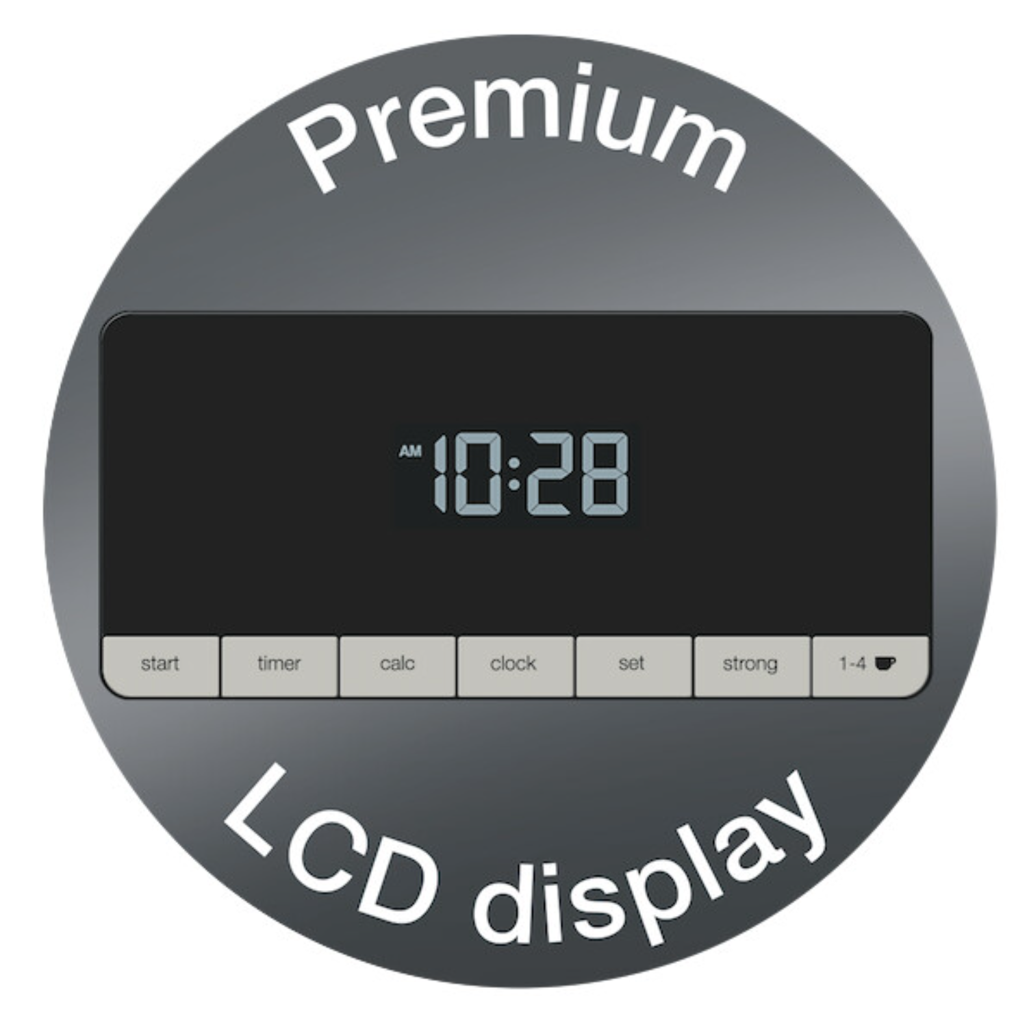 A black digital clock with the time 10:28, with a premium LCD display, in a circle.