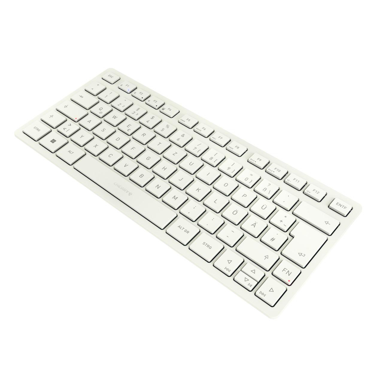 Weiße Tastatur mit weißen Buchstaben und Symbolen. Draufsicht mit sichtbaren Tasten.