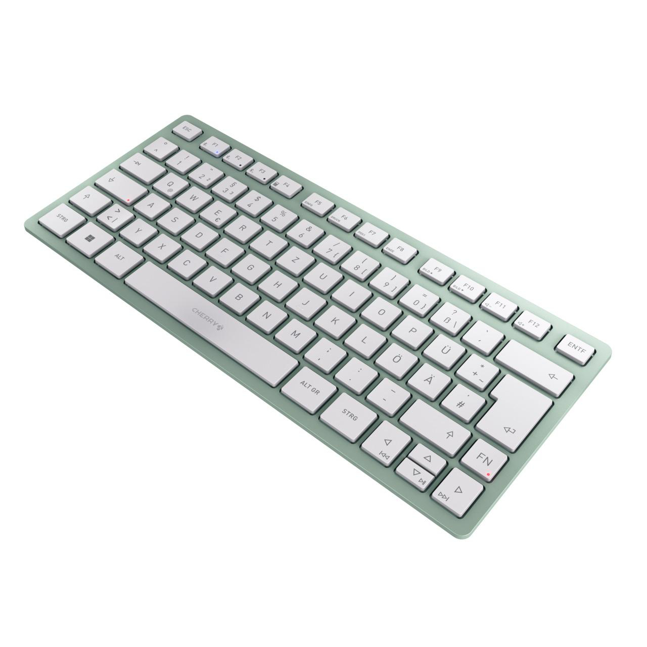 Grüne Tastatur mit weißen Buchstaben und Symbolen. Draufsicht mit sichtbaren Tasten.
