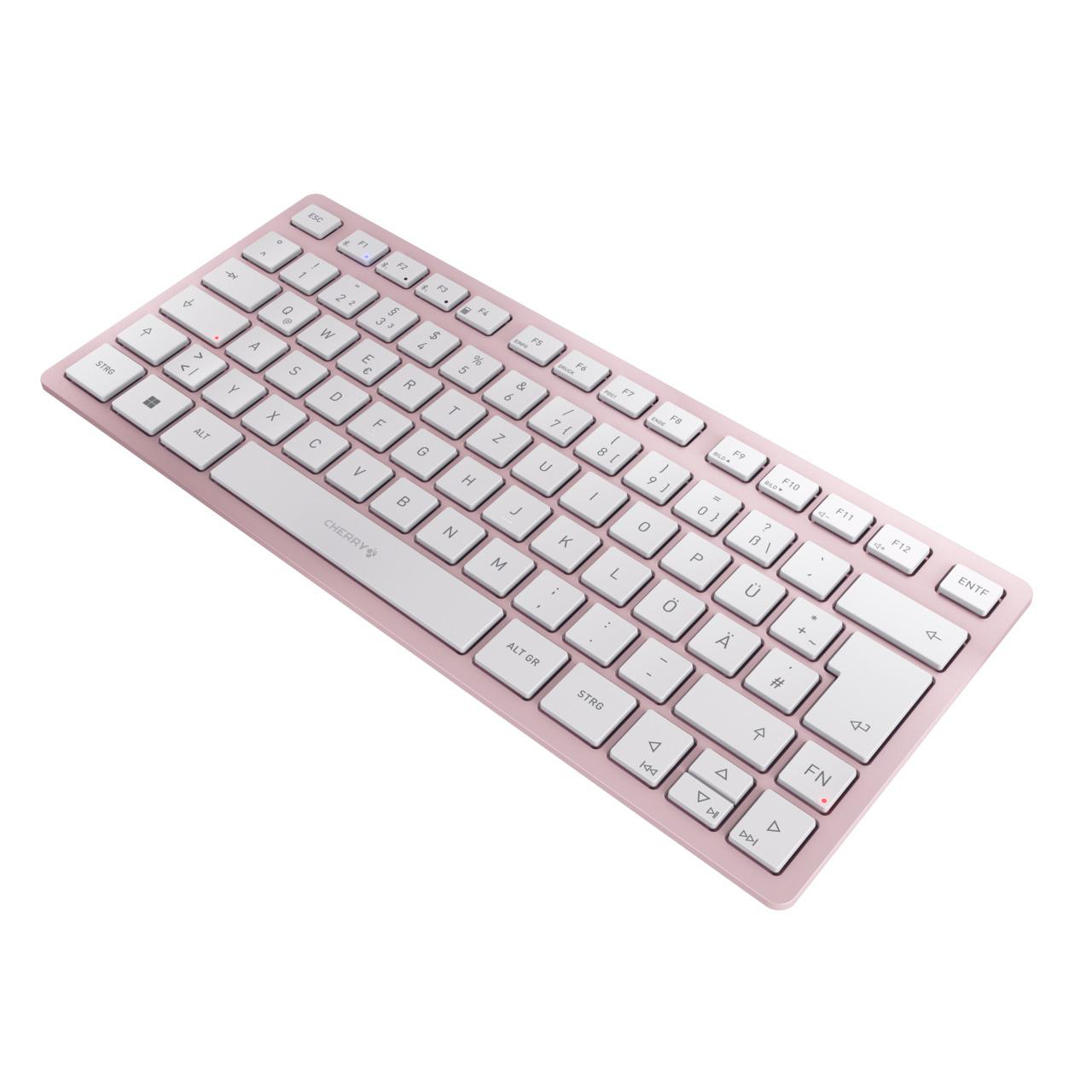 Rosa Tastatur mit weißen Tasten, Cherry-Logo, schräg auf weiß.