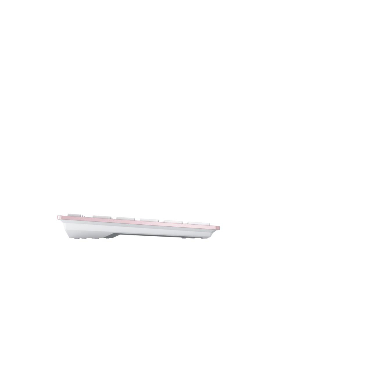 Seitenansicht einer rosa Tastatur vor weißem Hintergrund.