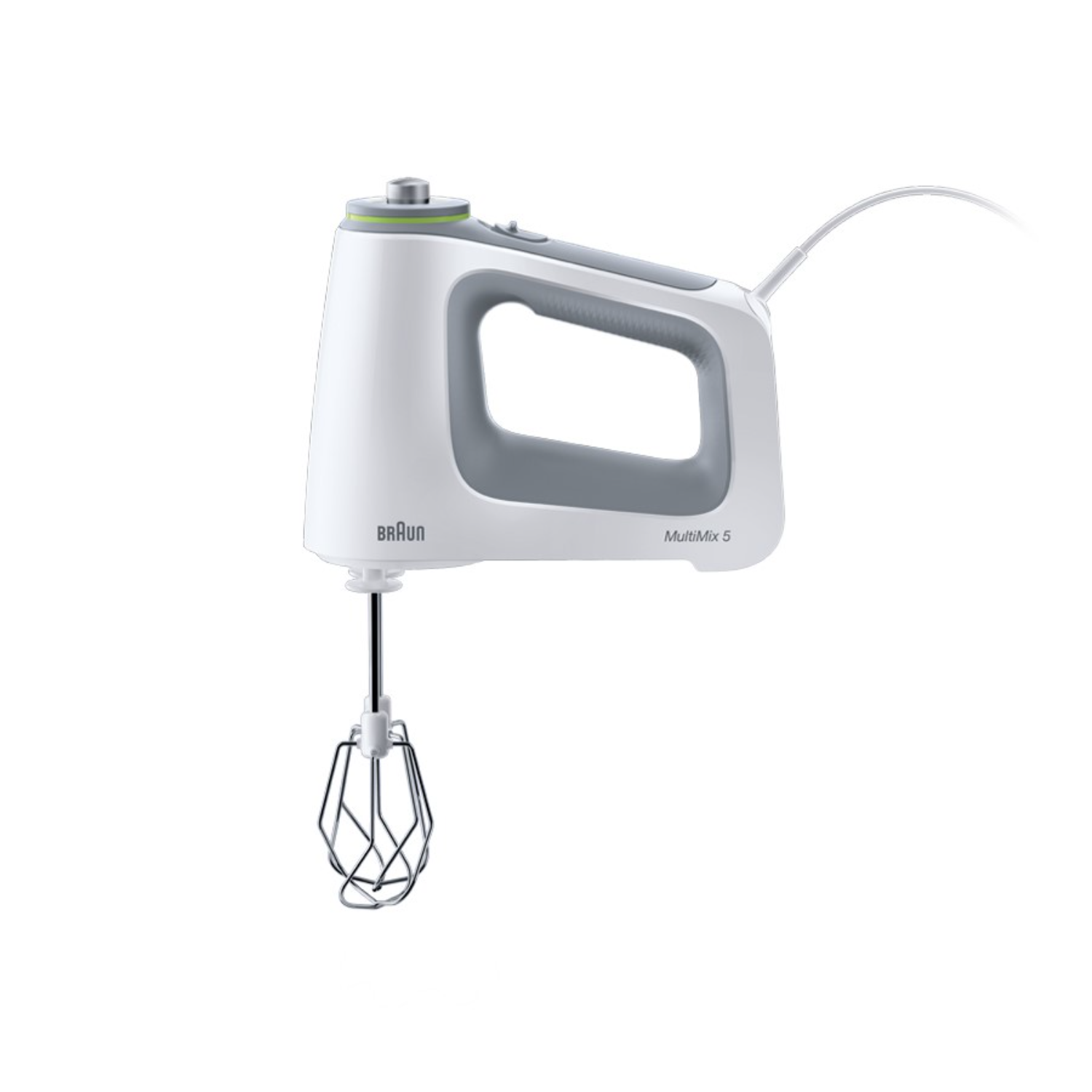 White and gray hand mixer with a wire whisk attachment, angled view.