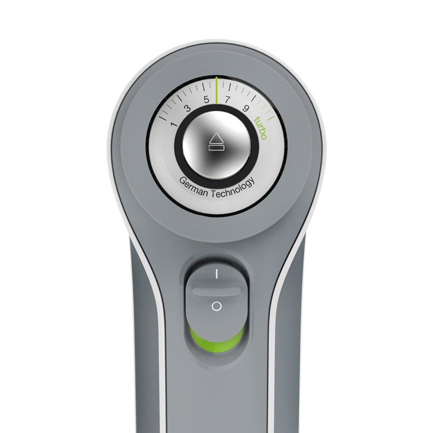 Close-up of a hand mixer's controls, gray, white, and green color scheme.