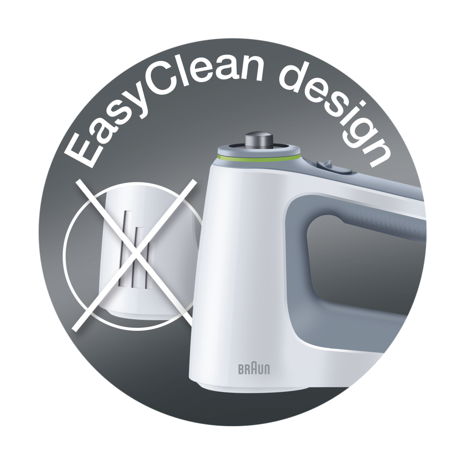 Hand mixer with crossed-out attachment icon, white and gray, Braun logo.