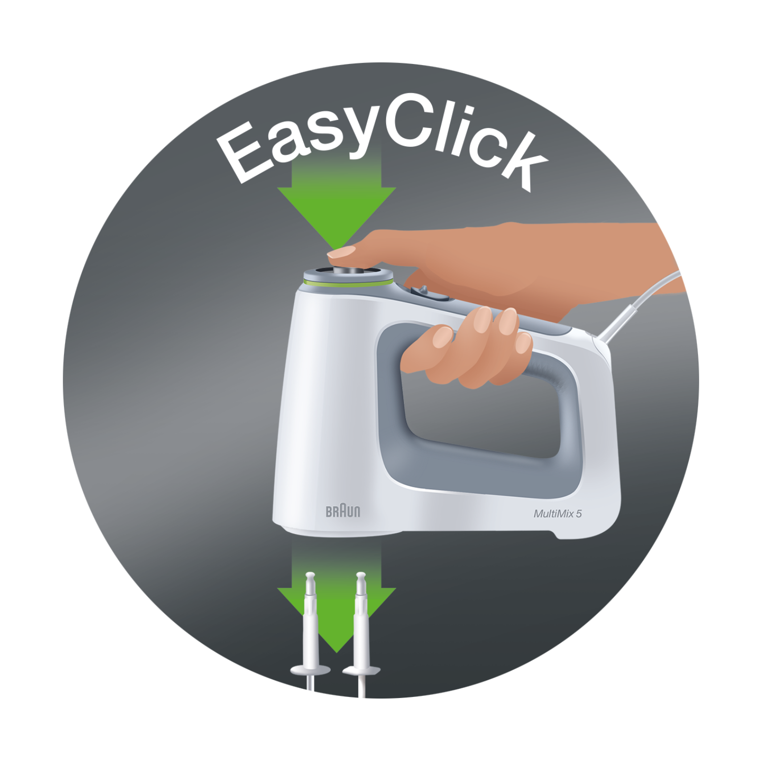 Hand pressing a button on a white handheld blender with attachments.