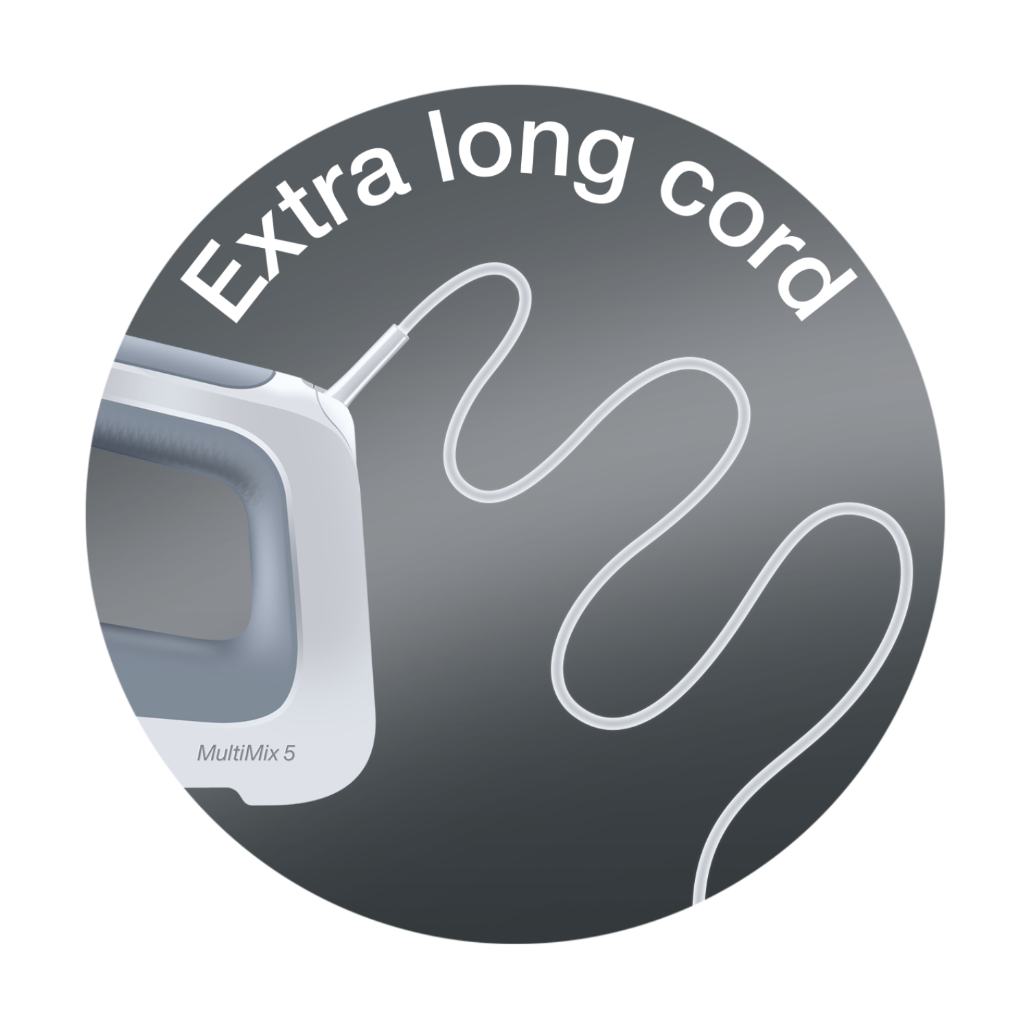 White hand mixer with long cord. Cord is coiled and circled in the image. 'Extra long cord' text.