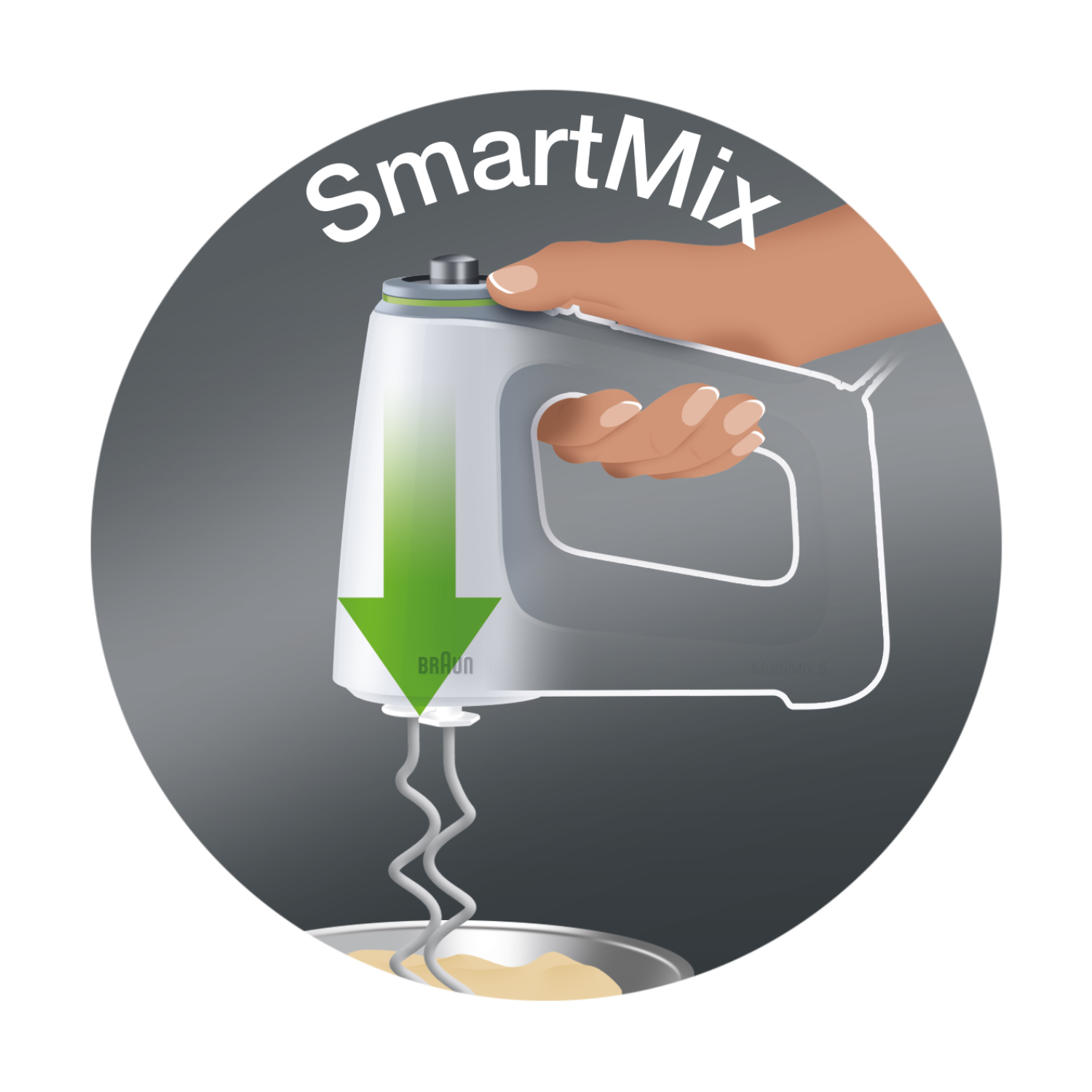 Hand holding a white Braun SmartMix hand mixer with green arrow.
