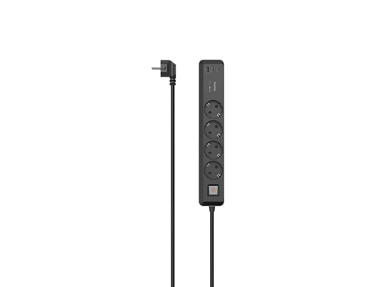 Regleta - Hama 00223189, 4 Tomas y 3 puertos USB, USB-C/A, 65 W, Interruptor, 1,4 metros de longitud, Negro