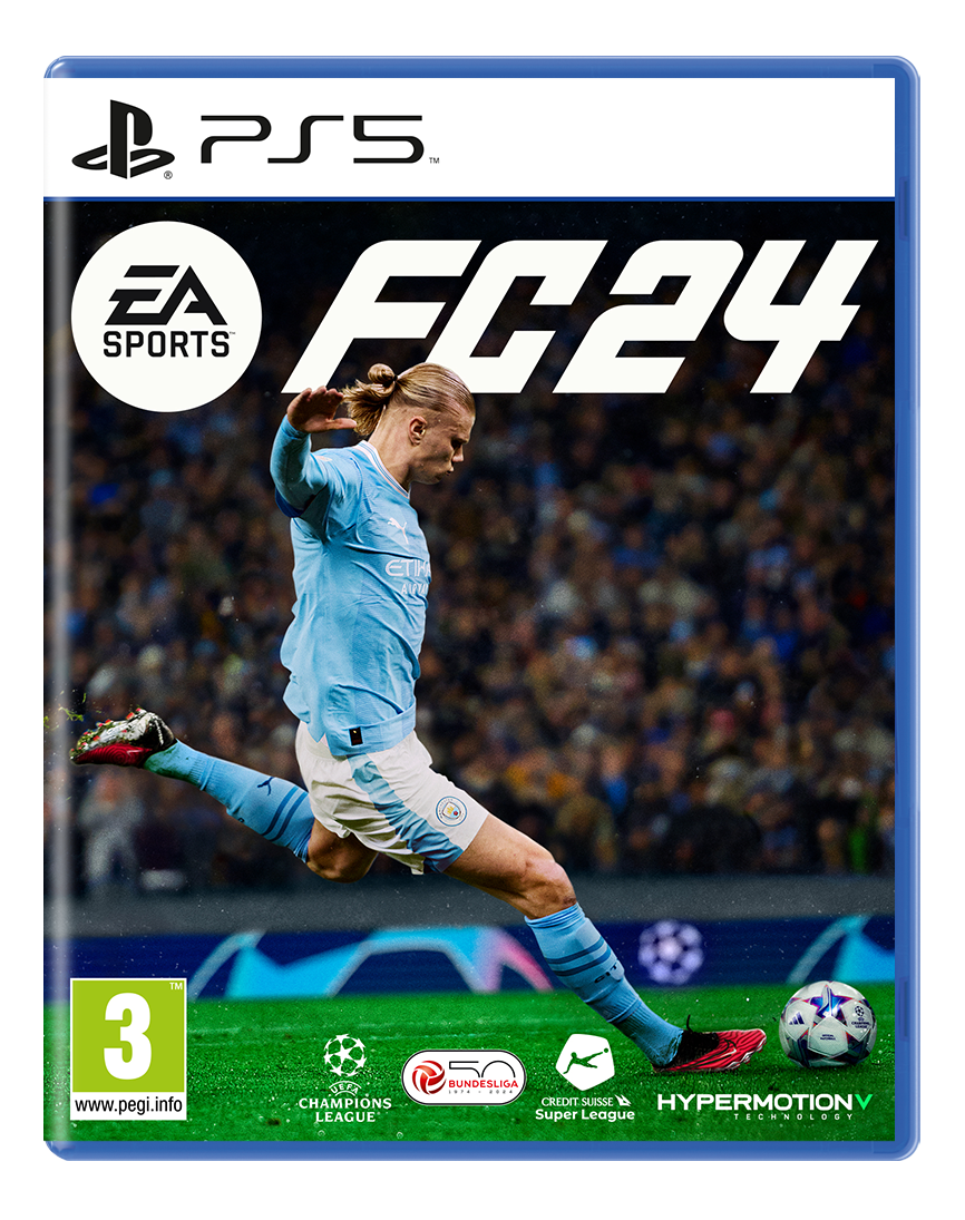 Eine PS5-Spielbox für FC24. Ein Fußballspieler schießt auf dem Cover den Ball.