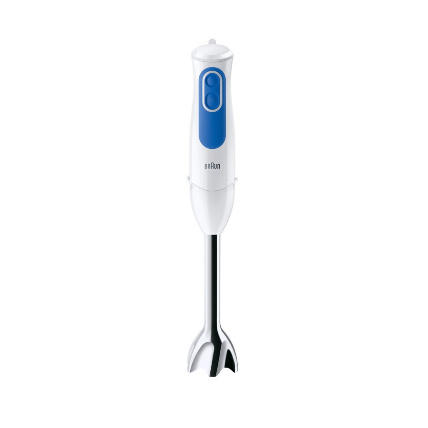 White and blue Braun hand blender on a white surface.
