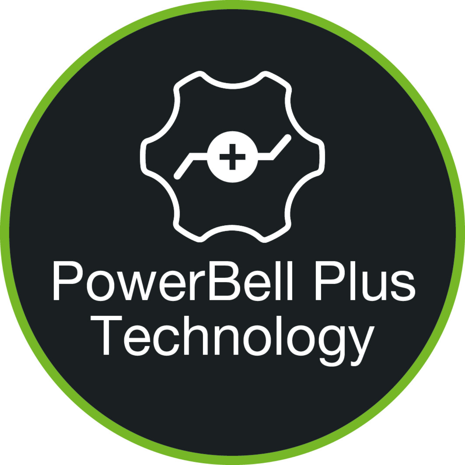 Close-up of a green-rimmed logo with text: PowerBell Plus Technology.