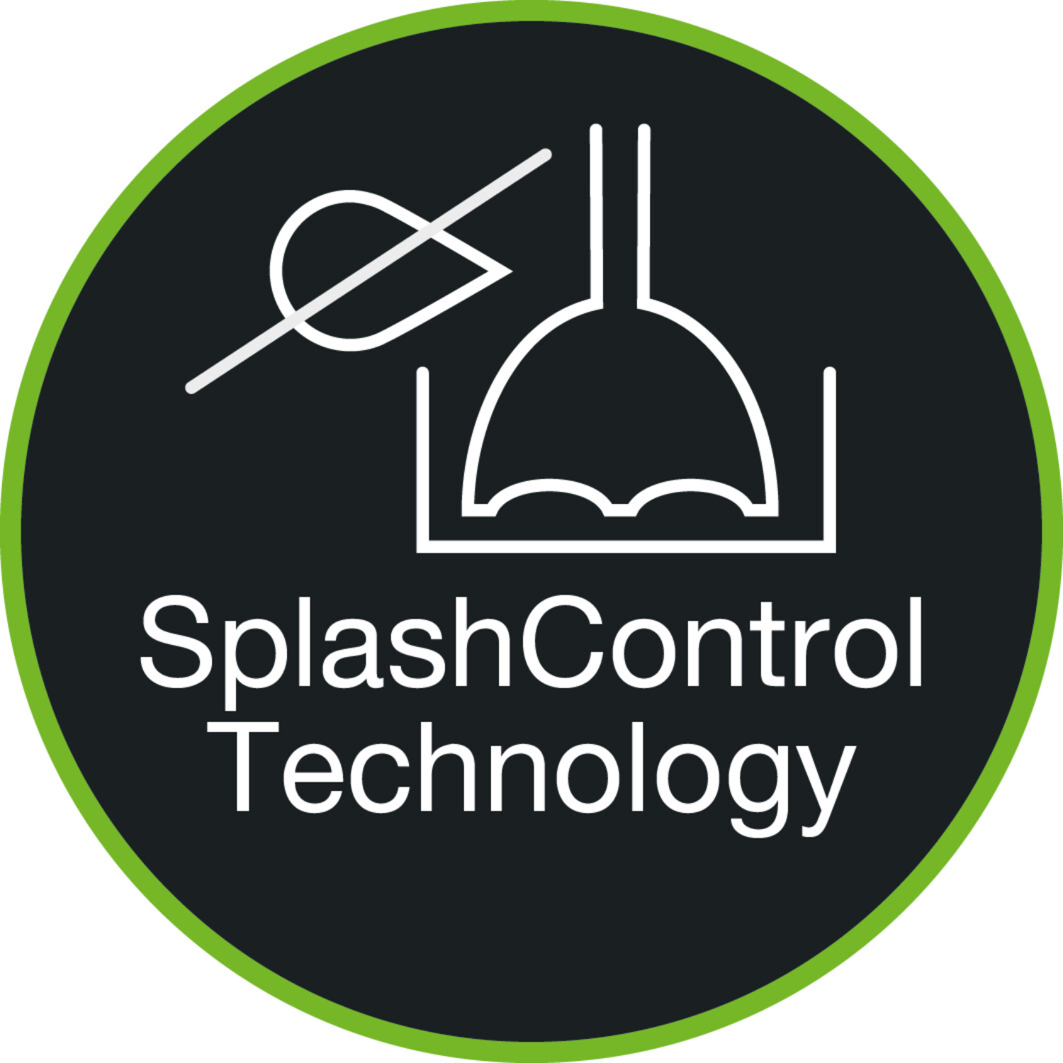 A black circle with a green border, with the text "SplashControl Technology" and a symbol.