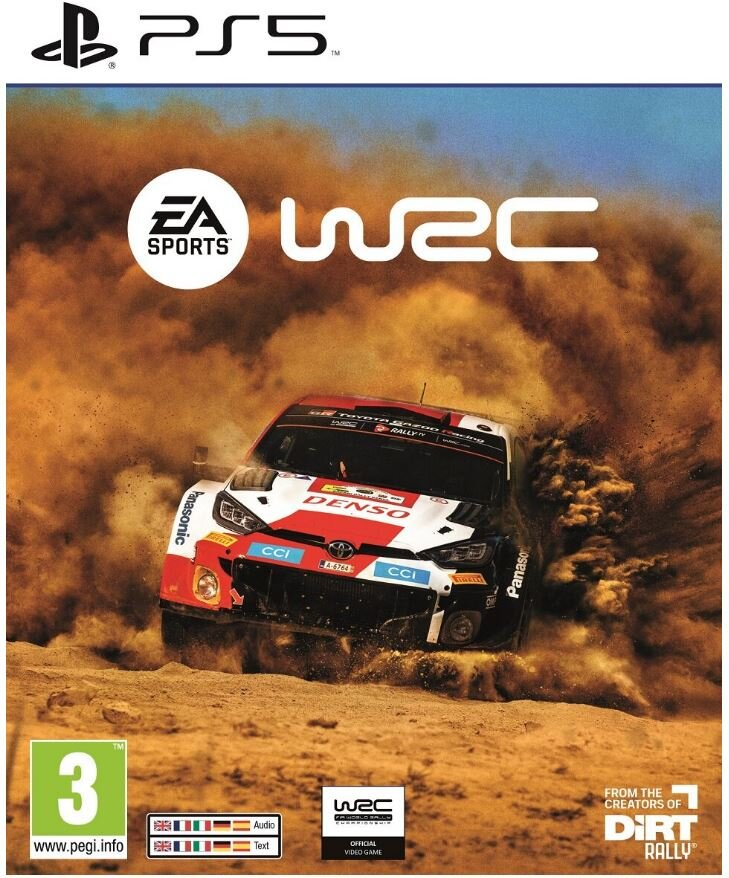 Okładka gry na PS5 dla WRC, pokazująca samochód rajdowy wzbijający kurz na polnej drodze.