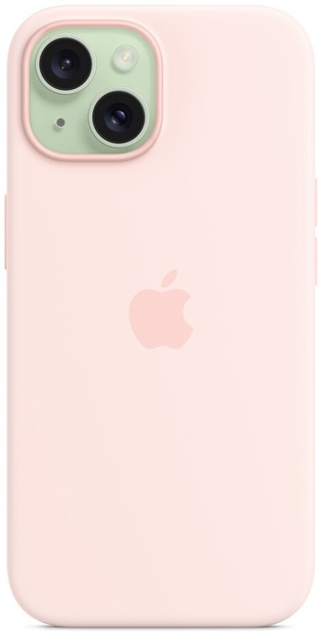 Różowe etui na iPhone'a z wypukłością na aparat i logo Apple z tyłu.