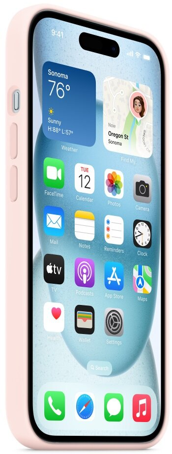 Różowe etui na telefonie pokazujące ekran główny z pogodą i ikonami aplikacji.