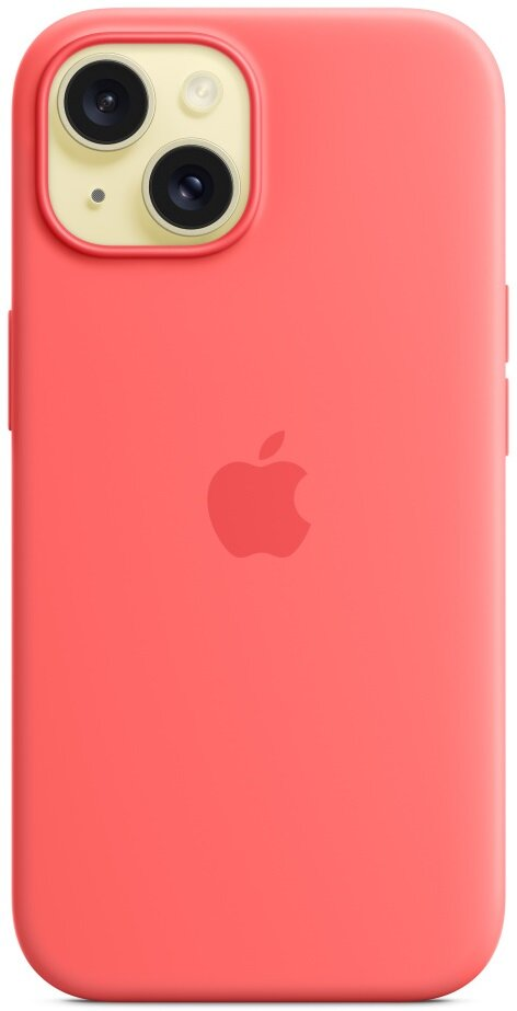 Czerwone etui na iPhone z żółtą osłoną aparatu i logo Apple pośrodku.