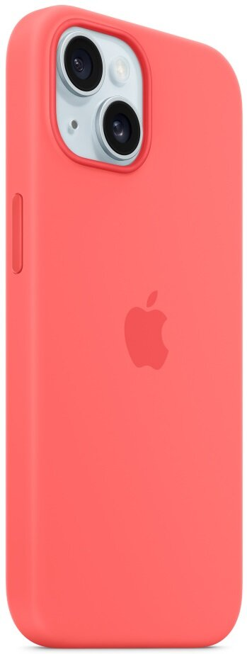 Koralowe etui na telefon, widok z tyłu, z aparatem i logo Apple.