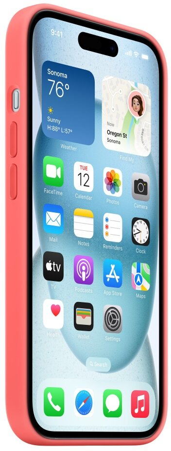 iPhone w koralowym etui. Ekran pokazuje aplikację pogodową, datę i lokalizację.