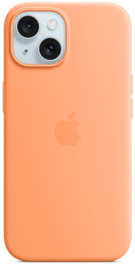 Zbliżenie na pomarańczowe etui na telefon, z dwoma obiektywami aparatu i widocznym logo Apple.