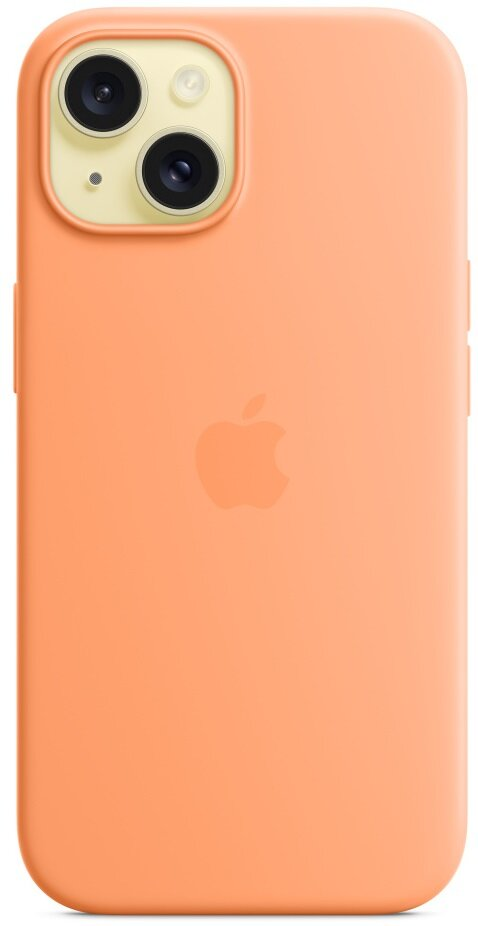 Pomarańczowe etui na iPhone z obiektywami aparatu i logo Apple na białym tle.
