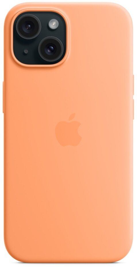 Pomarańczowe etui na telefon z logo Apple i obiektywami aparatu. Pokazano tył telefonu.