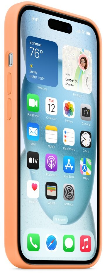 iPhone w koralowym etui, wyświetlający ekran główny z aplikacjami, pogodą i mapą.