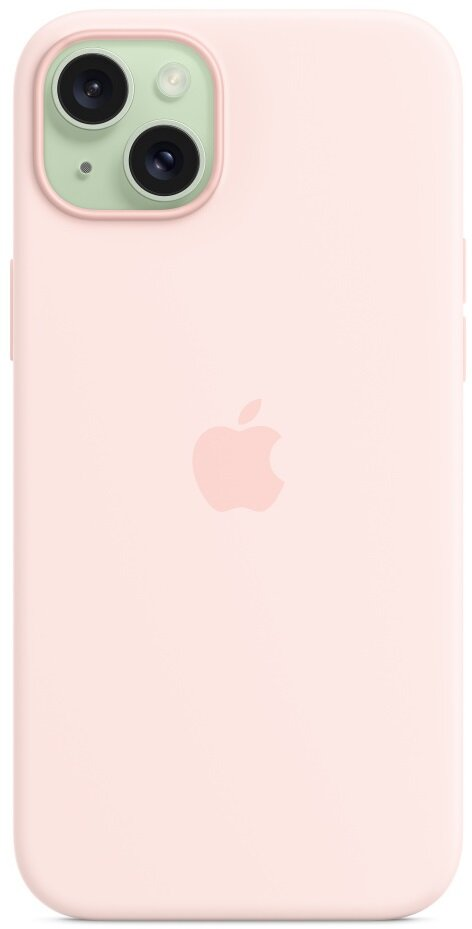 Różowe etui na iPhone'a z jasnozieloną ramką aparatu i różowym logo Apple na białym tle.