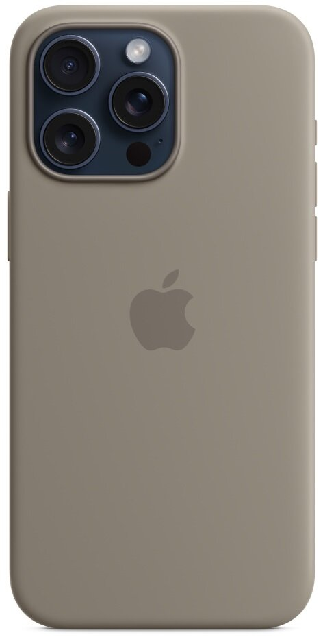 Tył iPhone'a z beżowym etui. Widoczne logo Apple, aparat i przyciski.