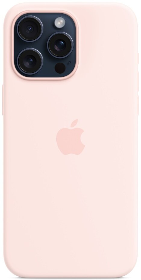 Różowy iPhone z tylnymi kamerami i logo Apple. Jasnoróżowe etui. Białe tło.